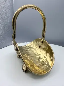 Shiny Footed Mini Hammered Brass Basket/Match Holder With Handle 4 3/4” X 3”