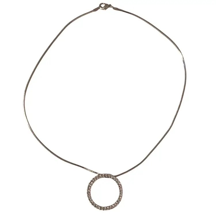 Circle Pendant With Rhinestones Necklace On Silvertone Chain