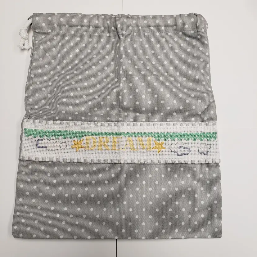 New Cross-stitched Dream Gray With White Polka Dot Draw String Bag