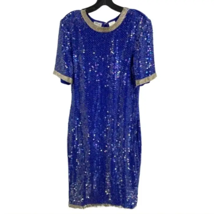 STENAY Vintage Blue Silk Sequin Knee Length Dress Size 6