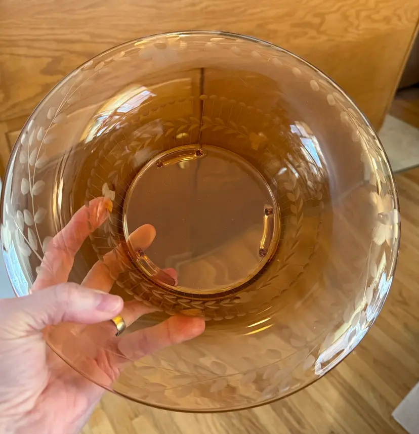 Vintage Amber Etched Glass Bowl With Floral And Leaf Design