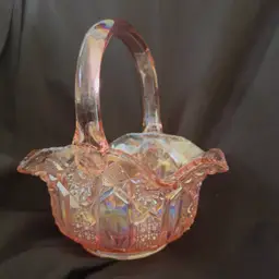 #1835 L E Smith Stamped Pink Iridescent Glass Basket 7" Attached Handle, Quintec Pattern