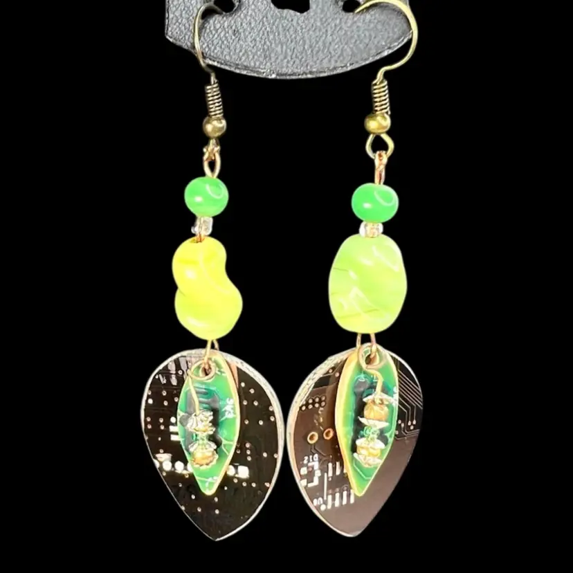 Reinvented 3” Earrings- Chocolate Brown / Green Circuitboard & Vintage Green Glass Beads. Handmade by Me 🫶