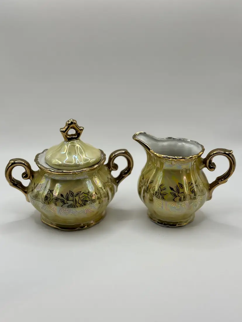 Vintage 1970’s Opalescent Lusterware Porcelain Creamer and Sugar Bowl Set, Hand-Painted Gold Trim Roses Floral Design, By Kudo Toki, Made In Japan