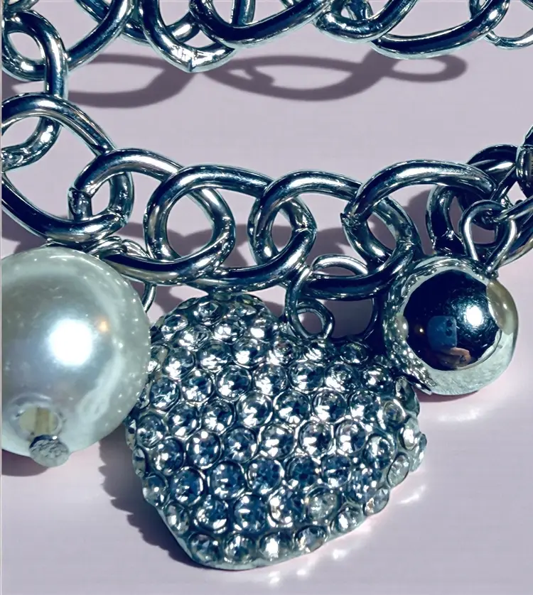 Silver Tone Faux Pearl & Rhinestone Heart - Cross - Key - Charm Bracelet- Slightly Adjustable- 8.25” Total Length