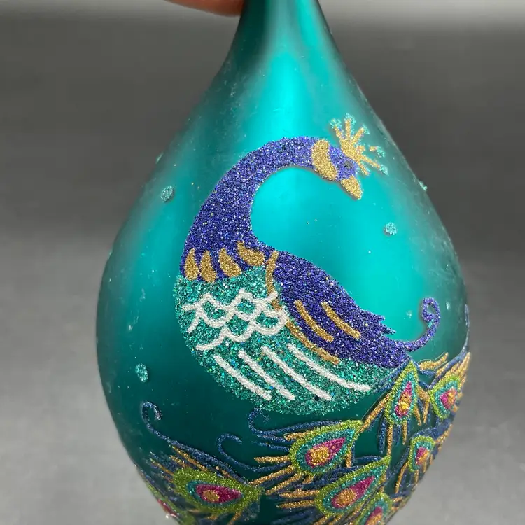 Unique Treasures Peacock Glass Ornaments Christmas Bird Large Teal Blue Set of 2