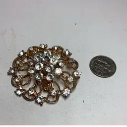 Rhinestone & Goldtone Round Brooch 1 3/4”