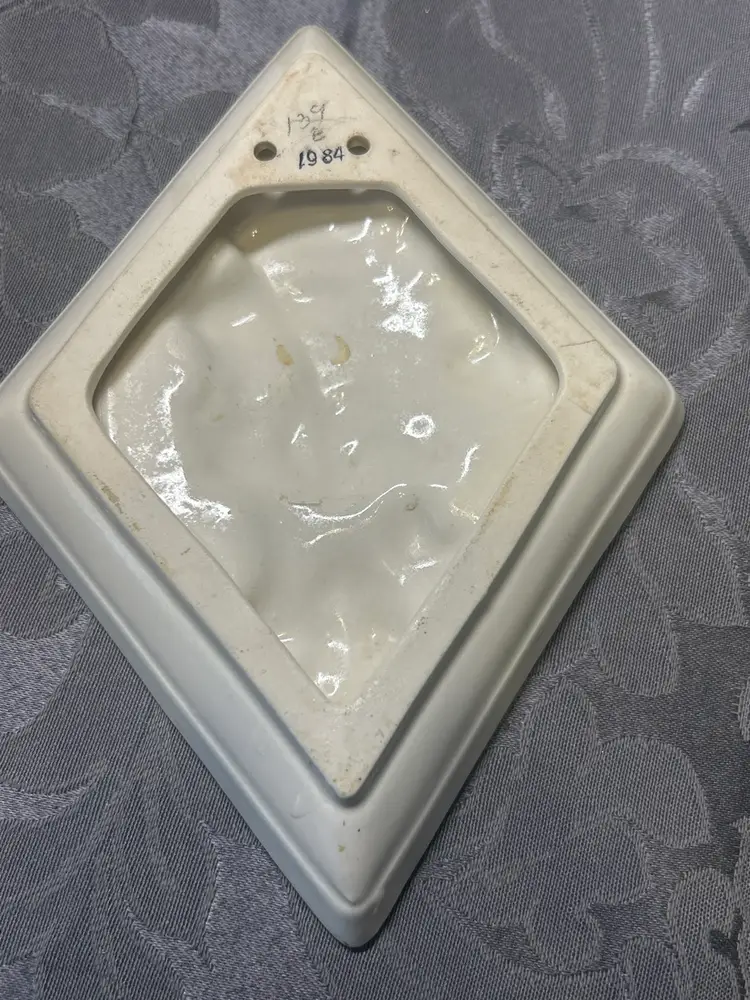 Vintage 1984 Porcelain Wall Hanging | Lady in Bonnet with Pink Roses | Gilt Relief Art Plaque | 7” x 5 1/2”