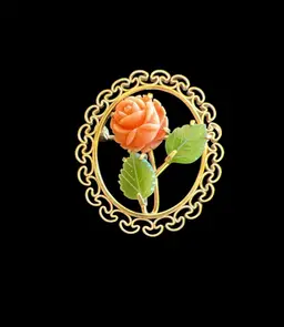Vintage Signed Krementz Coral Rose & Jade Leaf Brooch