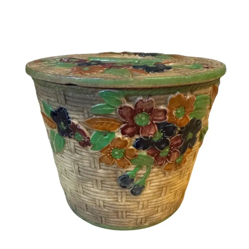 Vintage/Antique Covered Pot/Green Basket Weave with Flowers/1940’s/Made in Japan