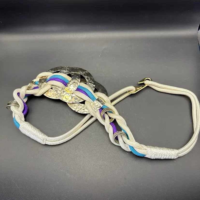 Vintage Belt 1980s Cord Hammered Metal Teal white And Purple Women’s