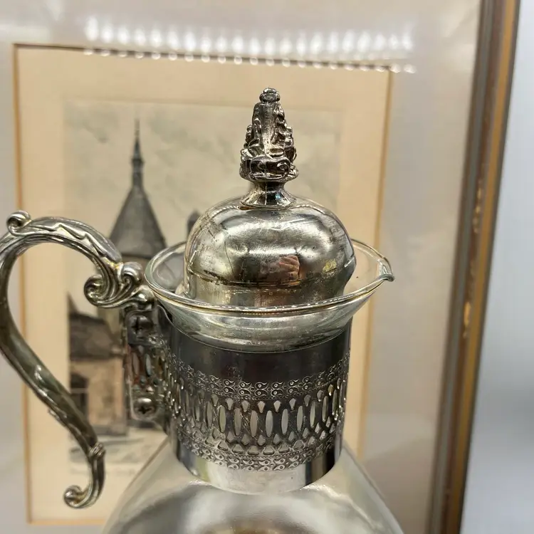 Vintage Silver Plate & Glass Coffee / Tea Carafe Pitcher With Warmer Stand & Lid