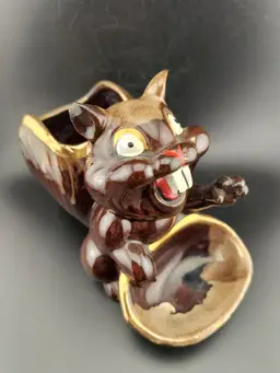 #01 Vintage Redware Chipmuck Squirrel Ceramic Planter Trinket Dish Nut Bowl Japan