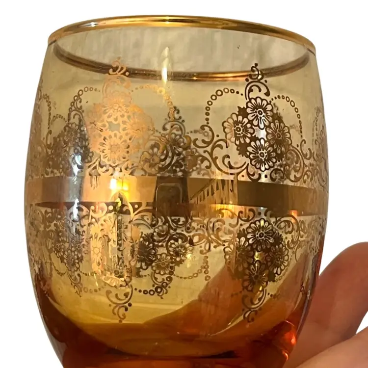 Pair Of Beautiful Dogi’s Murano Roly Poly Bar Glasses 22k Gold Lacy Trim Italian Art Glass