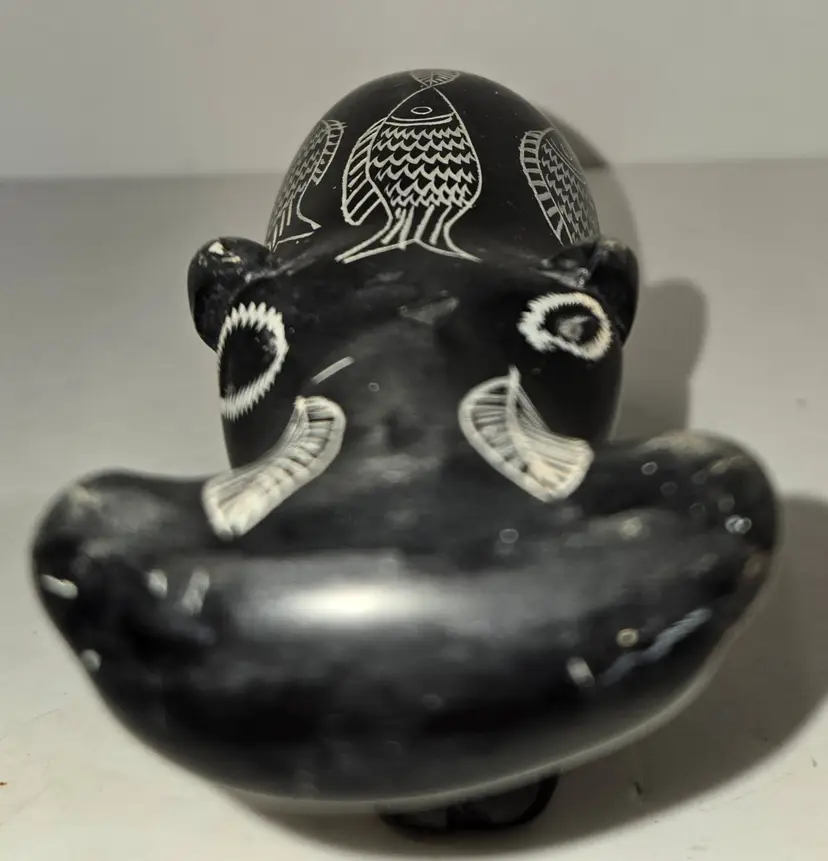 Black Carved Stone Hippopotamus Figurine - Etched Fish, Leaves & Tribal Patterns
