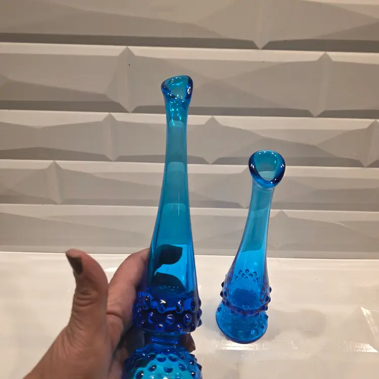 Vintage Pair Fenton Bud Vases- Fenton Glass Blue Hobnail Swung Bud Vase