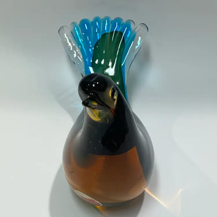 Murano Art Glass Bird- Sommerso W/ green, amber and blue. Beautiful! 5” Long, 3.5” Tall- Original Sticker