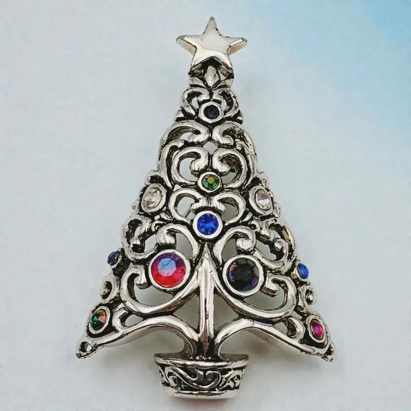 Christmas Tree Silver Tone Multicolored Rhinestone Brooch Pendant