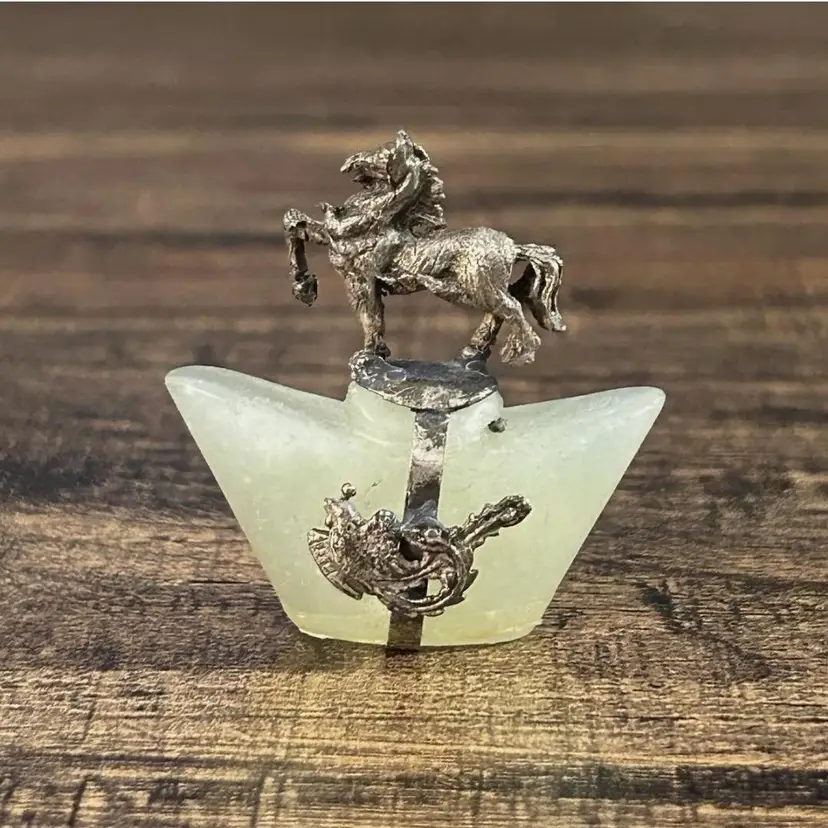 Vintage Chinese Horoscope Brass Bowenite Jade Horse Figure