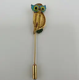2” Vintage 800 Silver Vermeil Stick Pin W Enamel Cloisonné Chinese-Style Owl 015B