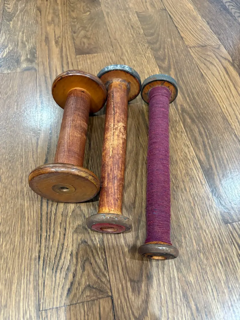 Lot of 3 Industrial Wooden Textile Spools Bobbins