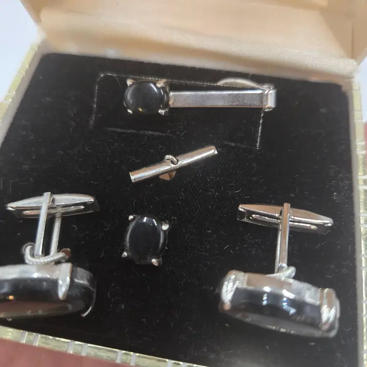 Vintage Black Glass Silver Tone Cufflinks Tie Bar Tie Tack Set In Box Mens Gift