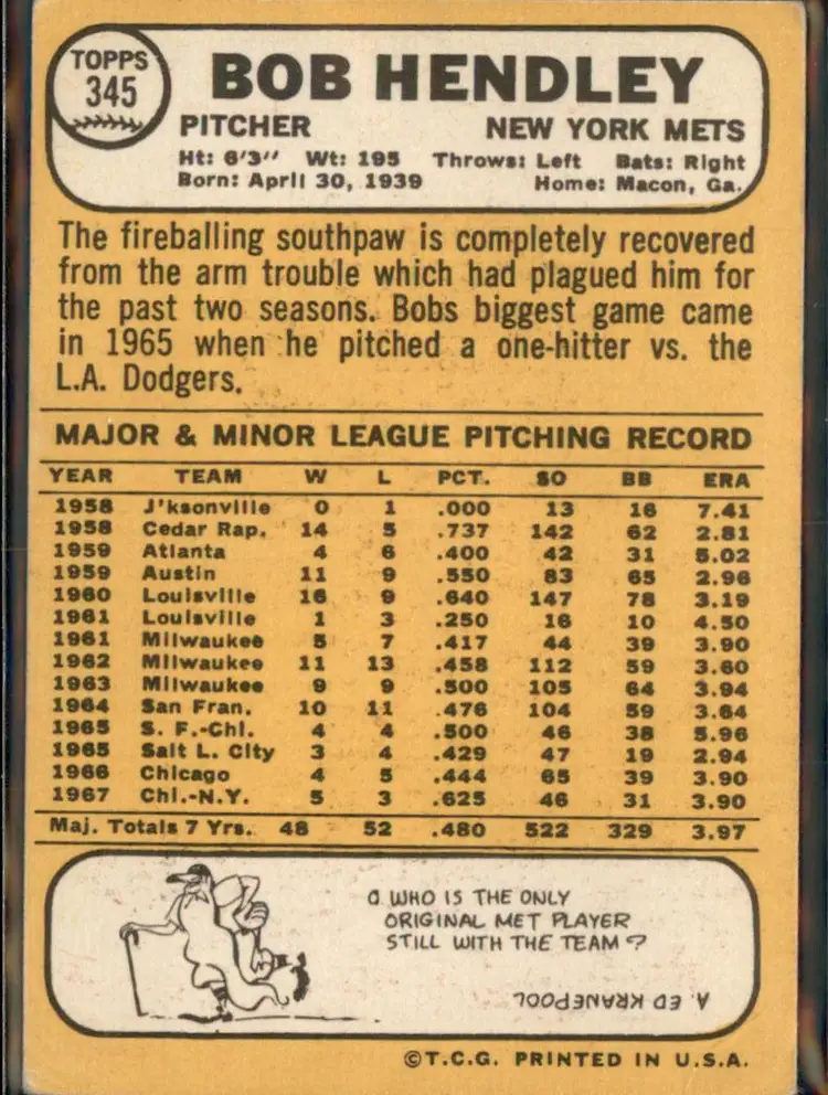 1968 Topps #345 Bob Hendley - (pk3) - New York Mets