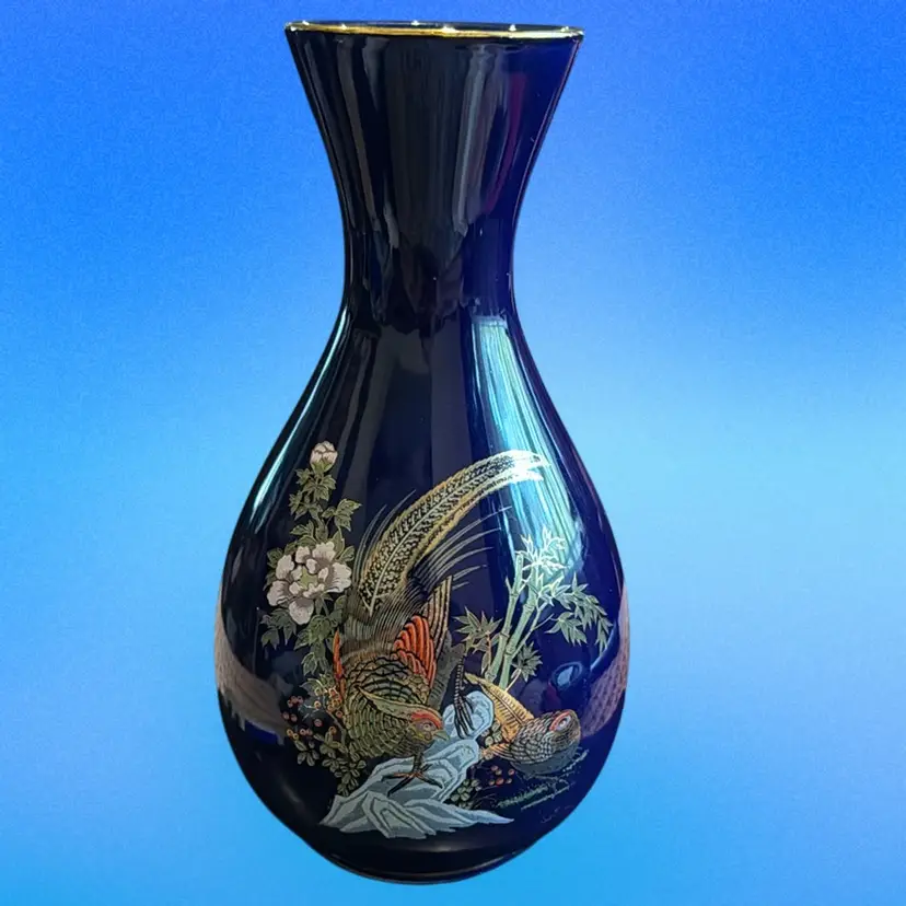Vintage Hand Painted Pheasants & Flowers Colbalt Blue Vase