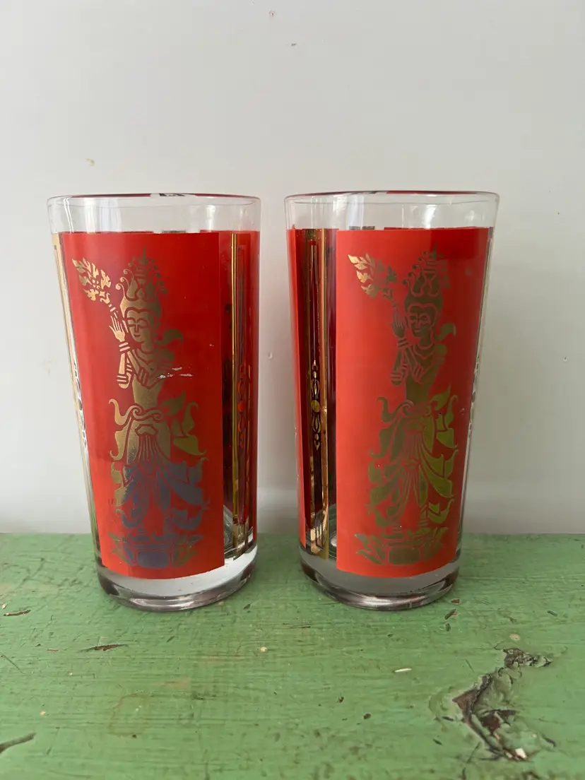 Vintage Culver Mandalay Siamese Burmese Thai Goddess Dancer Highball Glasses - Set of 2. Replacements