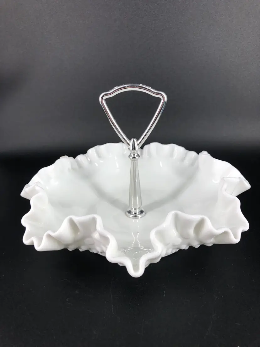 Vintage Fenton Milk Glass Hobnail Candy Dish with Silver Handle