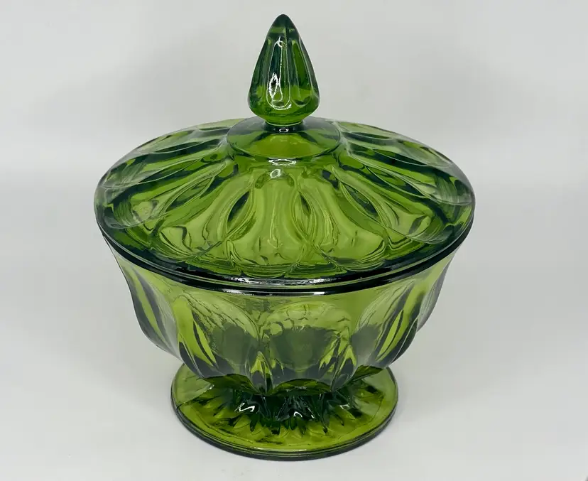 Vintage Avocado Green Anchor Hocking Pedestal Candy Dish With Lid