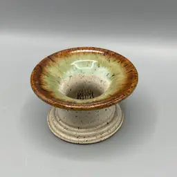 Green Teal Brown and Cream Pottery Flower Frog Signed