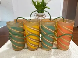 MCM Candy Stripe Frosted Texture Multicolor Tumbler Glasses w/ Caddy - Barware