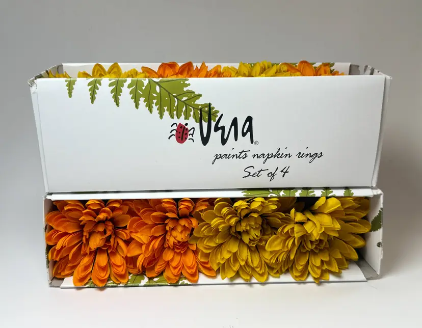 Set Of 8 VERA Paints Napkin Rings Holders Orange & Yellow Mums New in the Box