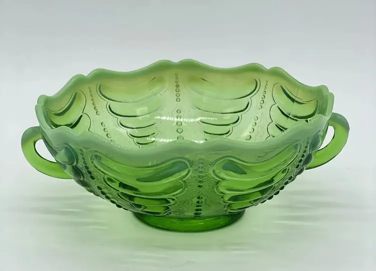 Antique Jefferson Abalone Green Opalescent Glass Double Handled Bowl