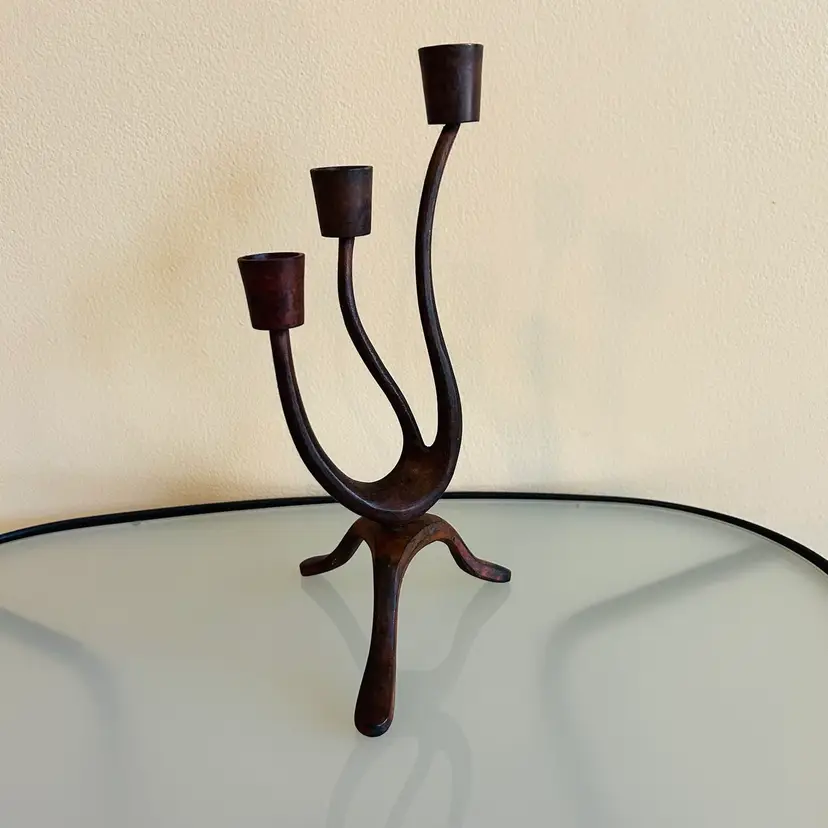 Vintage MCM Design Wavy Metal Candle Holders Brutilist 3 Arms 9 1/2" Mid Century