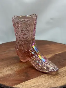 Vintage FENTON Pink Iridescent DAISY & BUTTON Art Boot Shoe