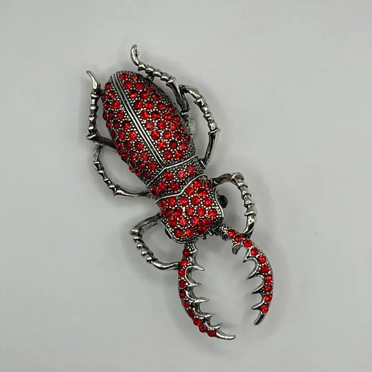 Red Rhinestone Beetle Bug Brooch Silver Tone Insect Statement Pin (Inv - #08)