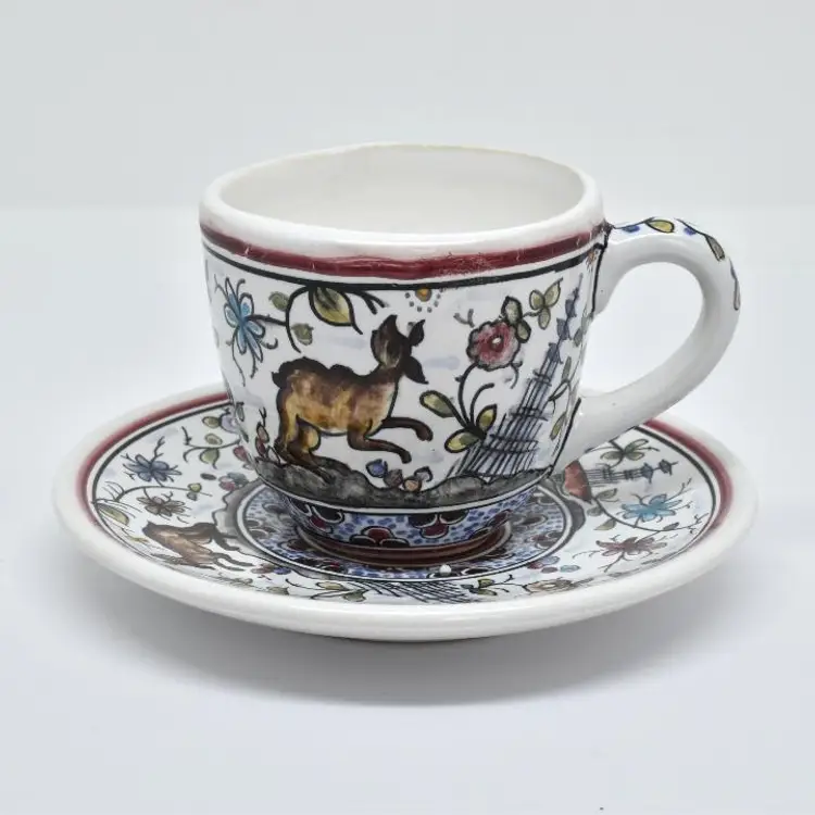 Hand Painted Carlos Tomas Pottery Demitasse Cup / Saucer, Coimbra, Portugal