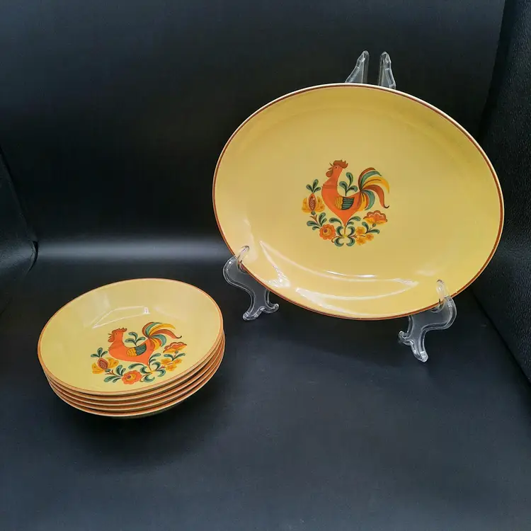 Vintage Taylor Smith Taylor Yellow Reveille Rooster Oval Serving Platter & 5 Bowls