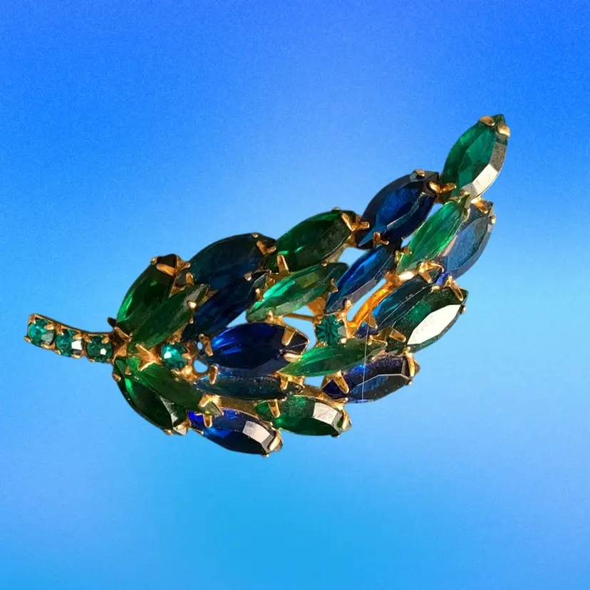 Vintage  Leaf Gold Tone  Blue And Green Rhinestones Brooch