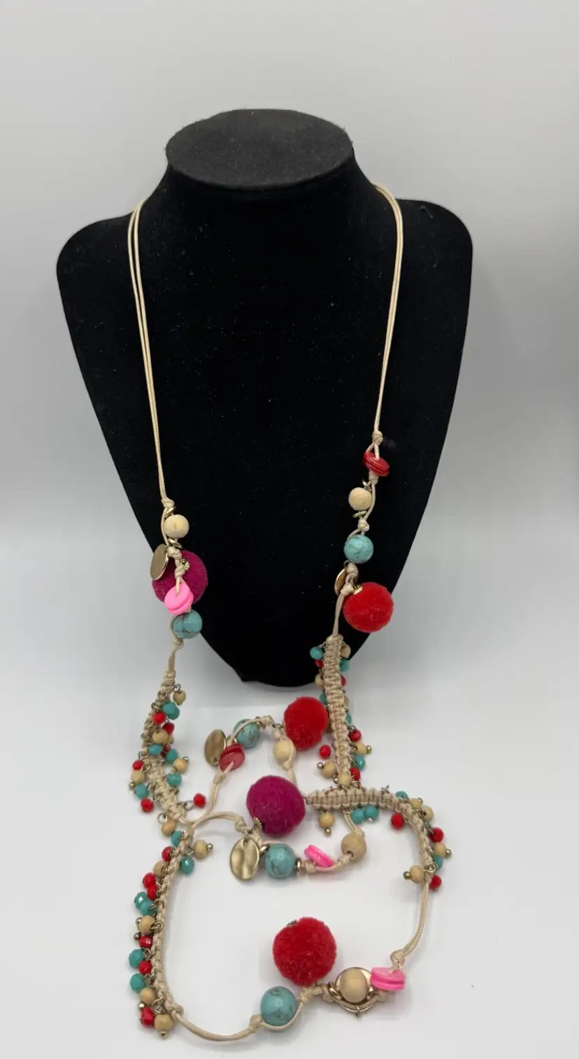 # 41 Tommy Bahama Panaroma Pom Pom Fuschia Red Semi-Precious Stones Boho Necklace