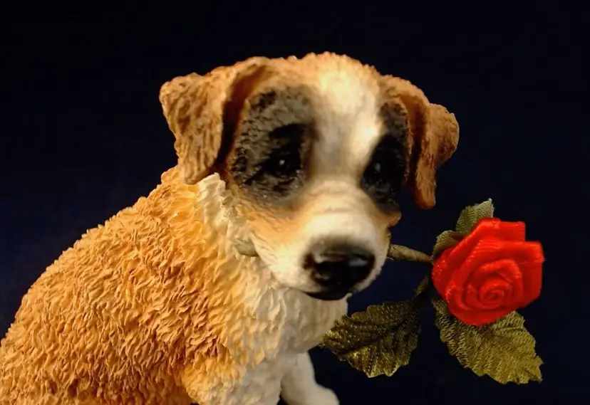 St. Bernard Dog Puppy with Silk Rose in mouth Resin figurine unmarked realistic