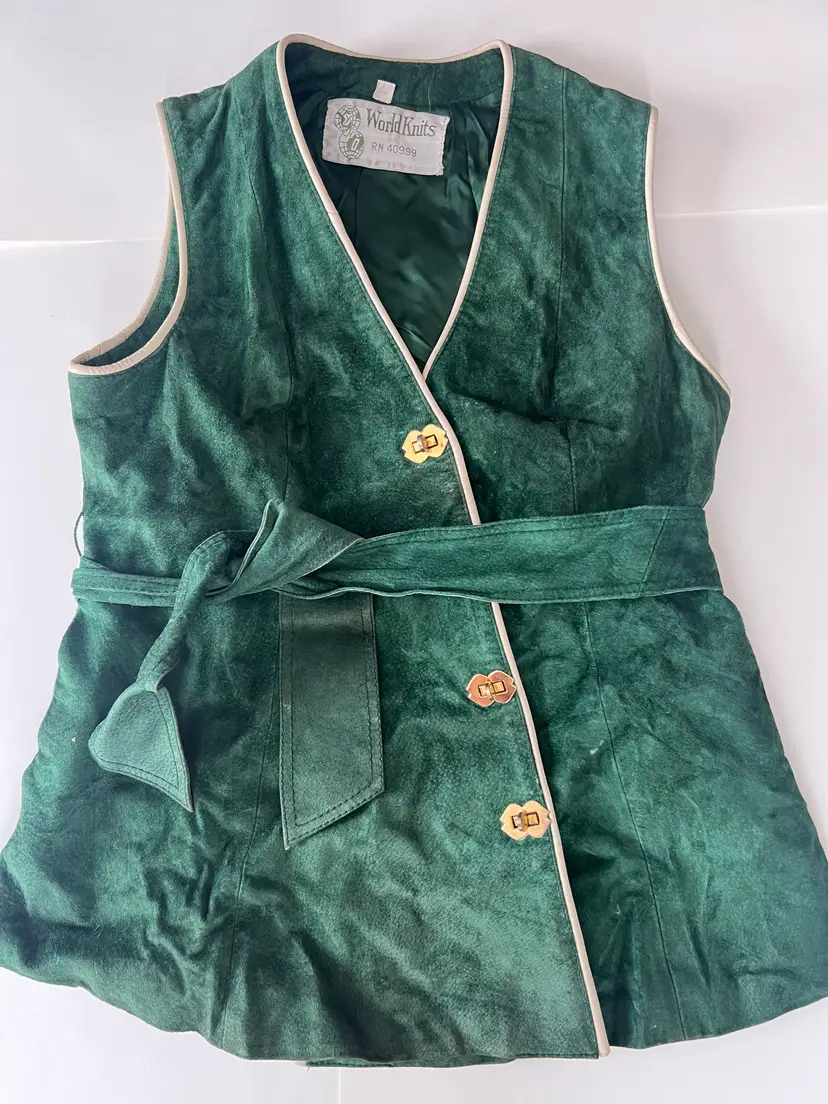 Vintage Emerald Green Leather Vest. World Knits RN#40999. Retro 1960s 1970s.