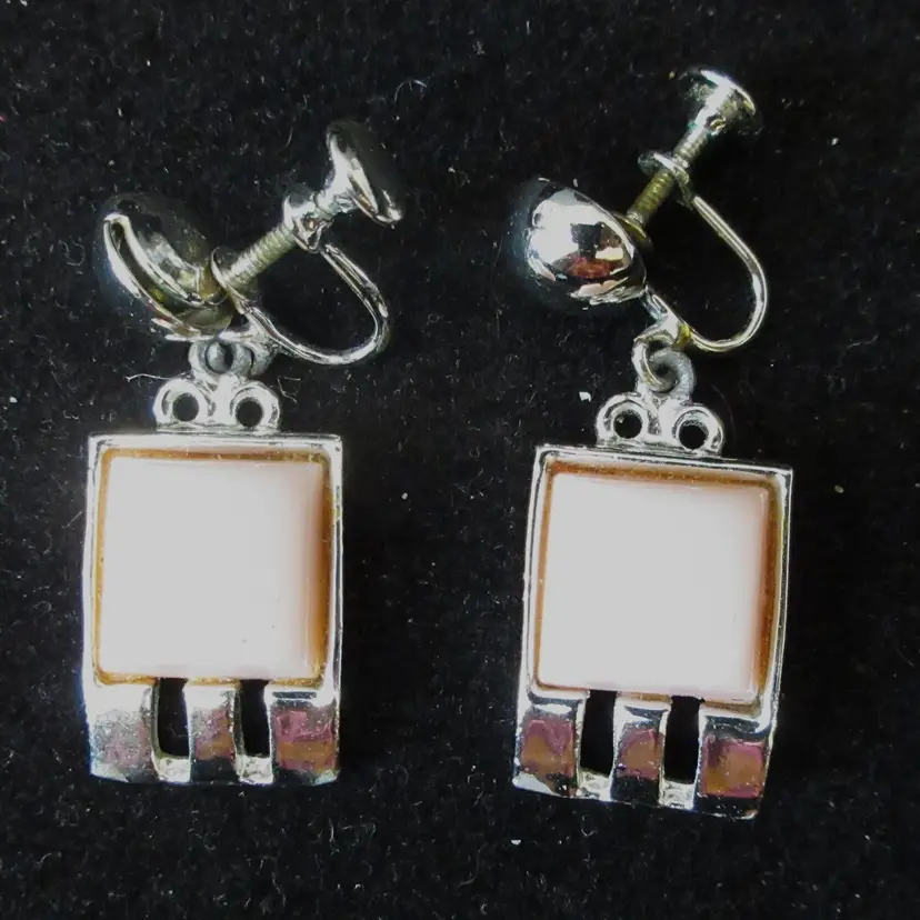 Vintage Pink Thermoset Acrylic and Silver Tone Metal Dangle Earrings - Screw Back, 1.75 Inches Long