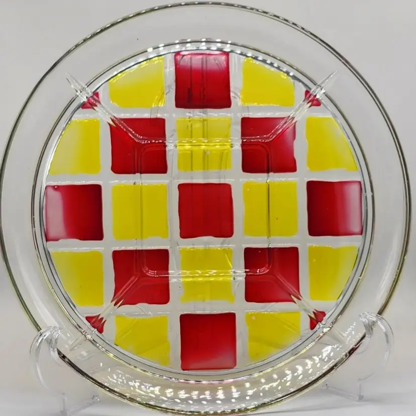 Vintage MCM Geometric Red Yellow Checkered Heavy Glass Divided Serving Dish 12"