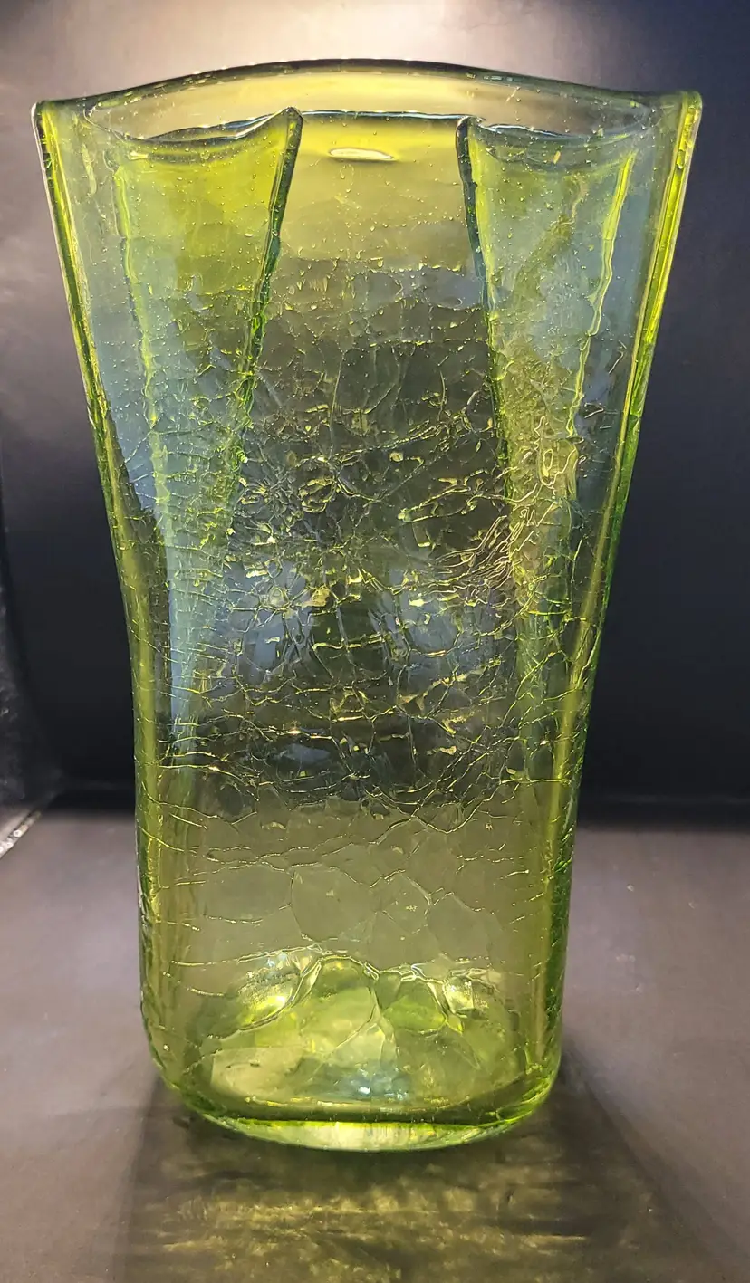 Vintage Blenko Olive Green Crackle Glass Vase