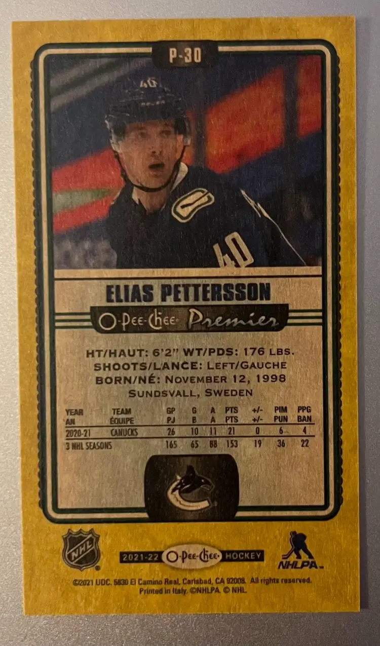 2021-22 O-Pee-Chee Premier Elias Pettersson Tall Boy Yellow Border P-30