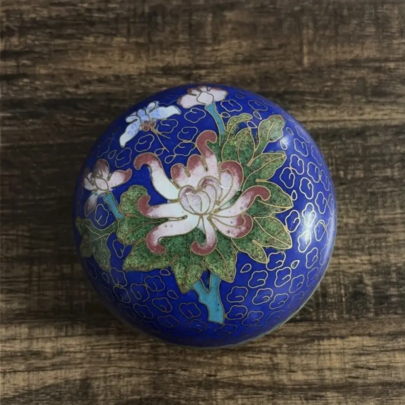 Vintage Chinese Cloisonné Trinket Box Round Floral Enamel Lidded Bowl