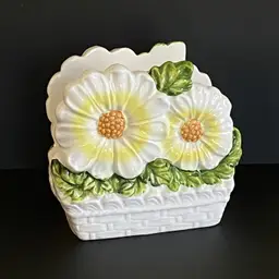 Vintage Lefton Daisy Napkin Holder, White Daisies In A Basket, 5403, MCM